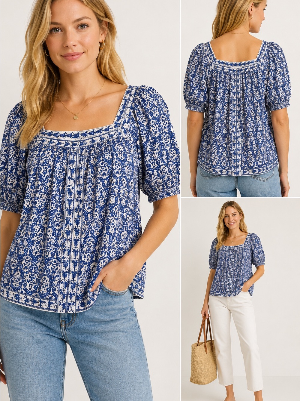 Max Studio London Square Neck Floral Print Blouse Blue & White Cottagecore Boho